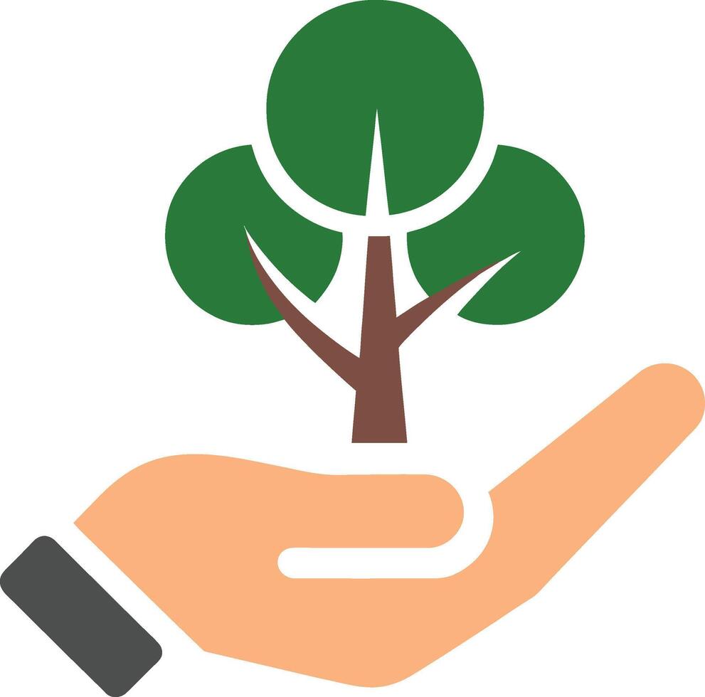 Human hand holds a small green tree illustration. vector