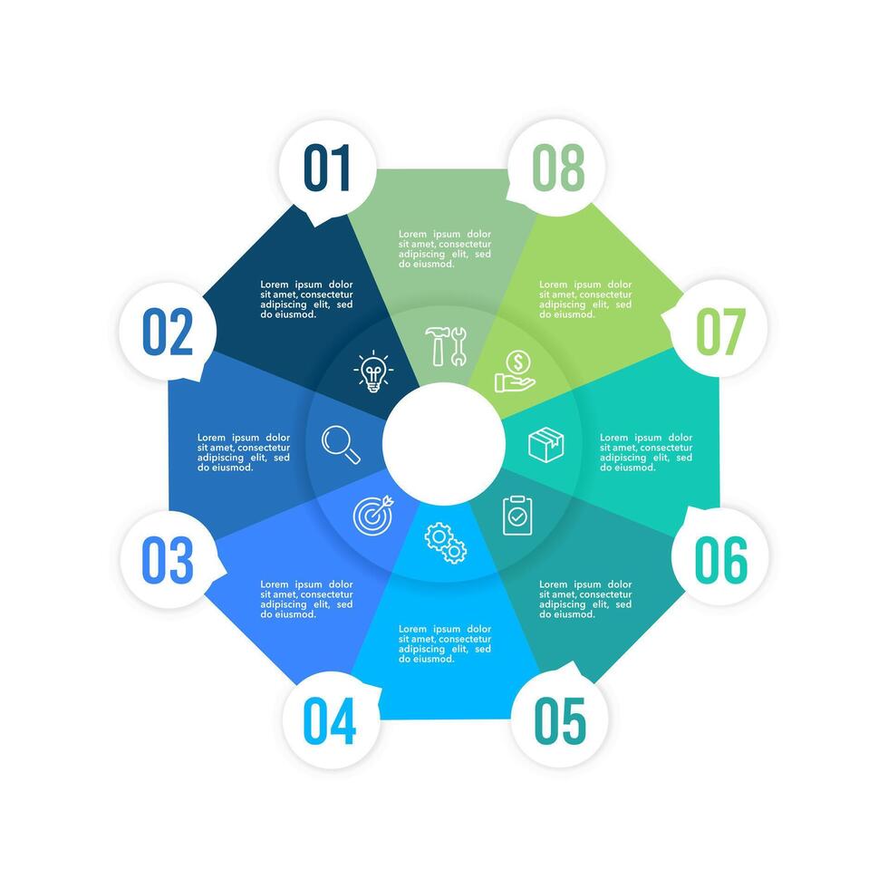 Infographic pie chart with 8 processes to success. Annual report. Business presentation. vector