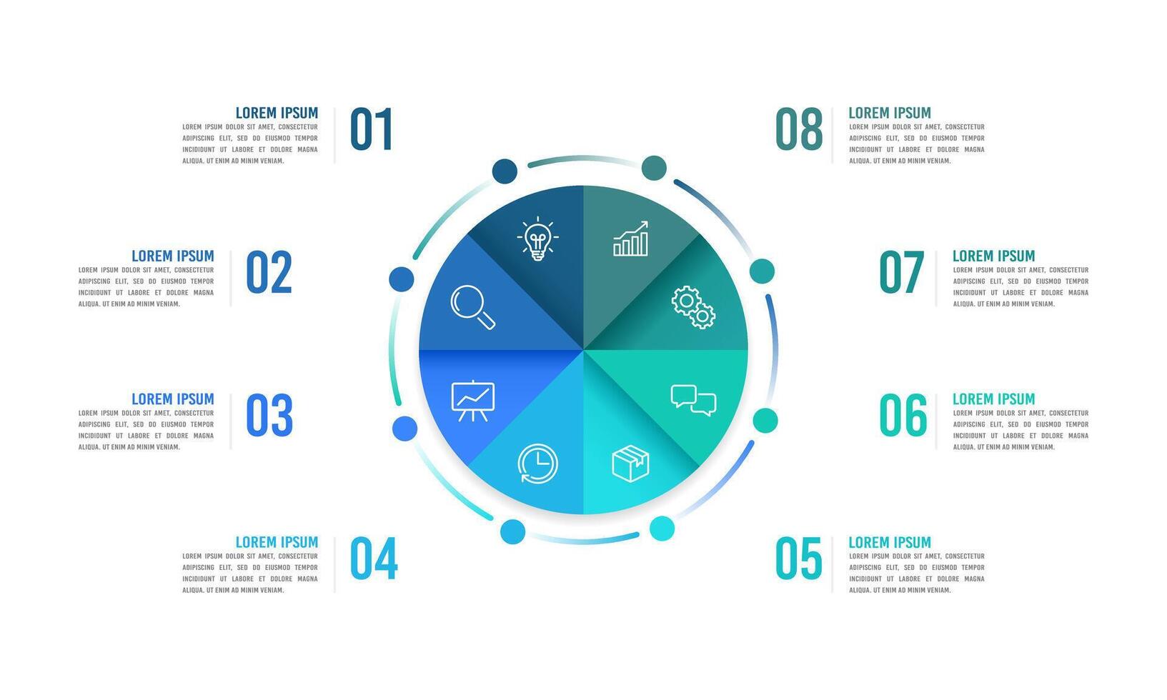 Infographic pie chart with 8 processes to success. Annual report. Business presentation. Development, Workflow and Timeline. vector