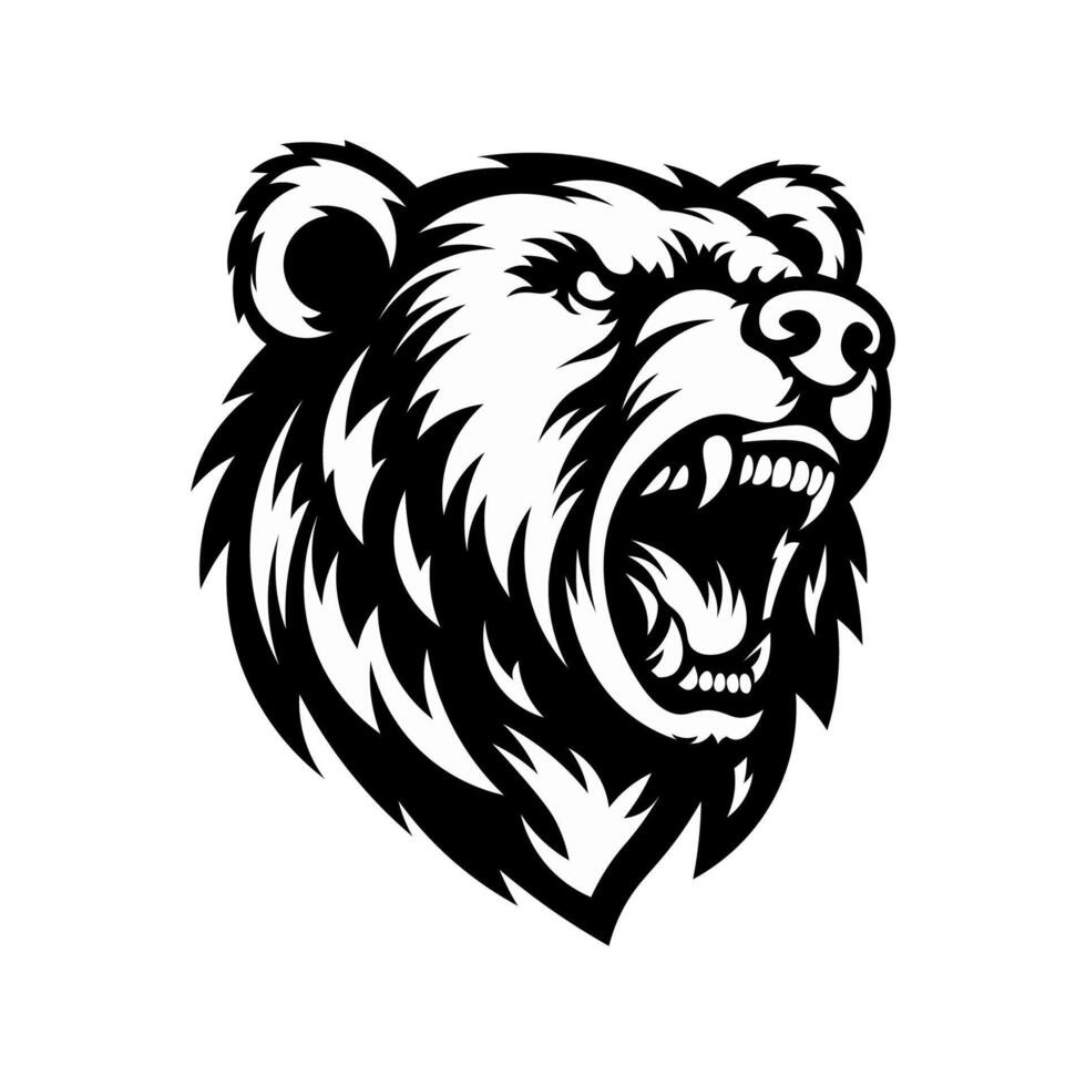 Bear head logo with open mouth, angry expression. vector