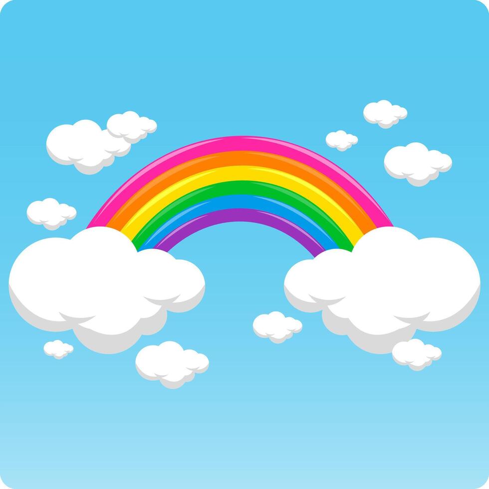 Blue sky background with colorful rainbow and white clouds. Happy rainbow and clouds in the sky. vector