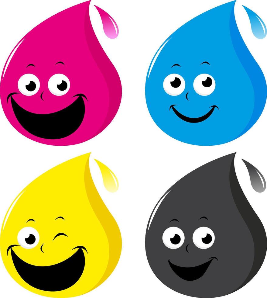 A set of cartoon ink drops in cyan, magenta, yellow and black colors. Cartoon paint characters in CMYK. vector