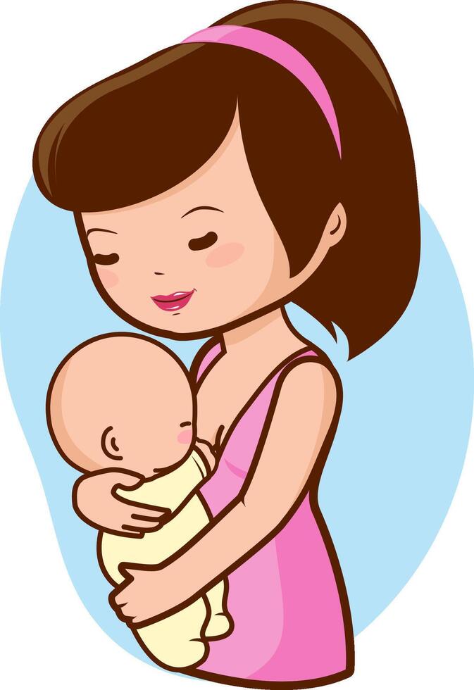 Mother nursing her newborn baby. Mother breastfeeding her baby. Mommy and newborn child. Happy Mothers day hug. vector