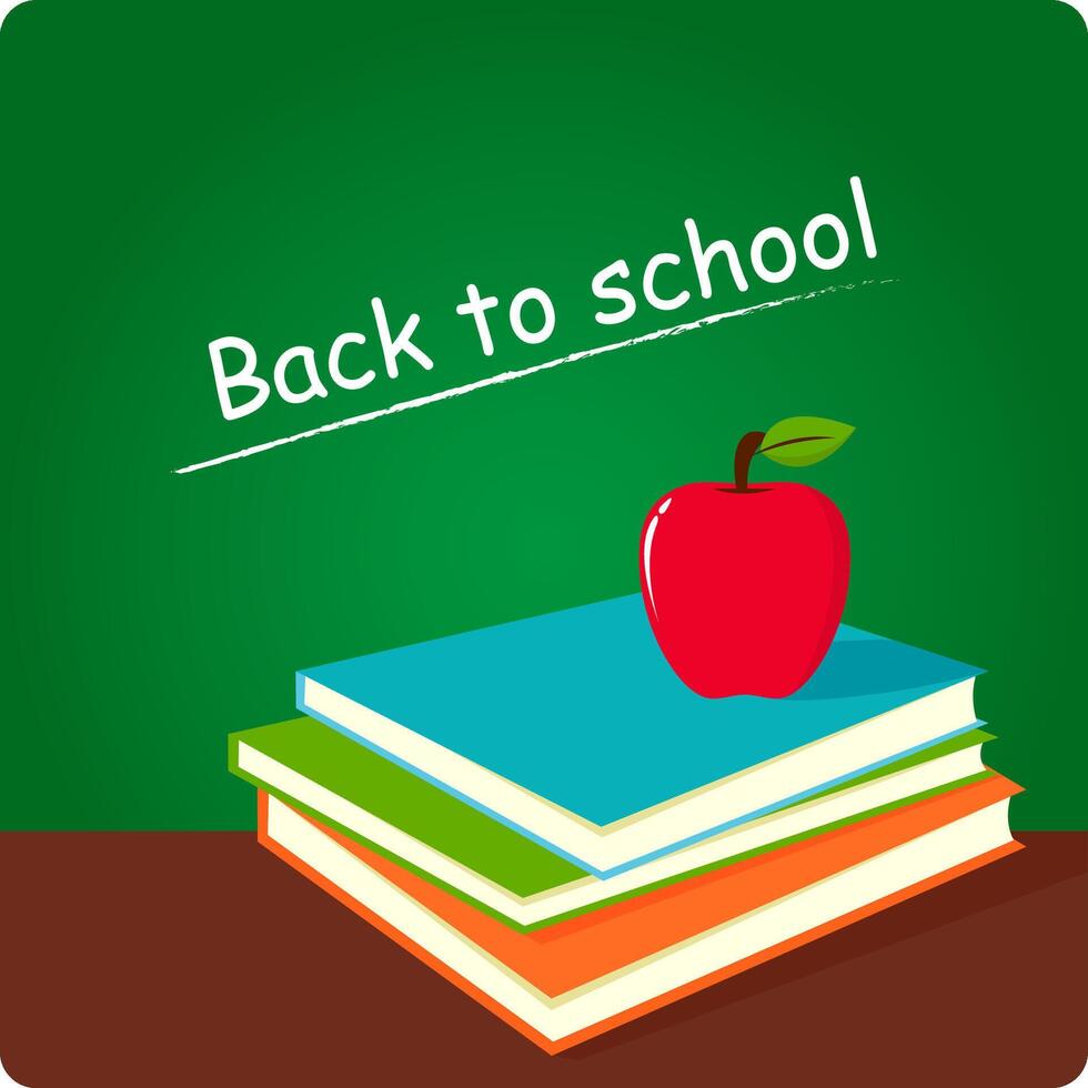 Education for students. Stack of books on teachers desk and an apple in front of a chalkboard in the school classroom. vector