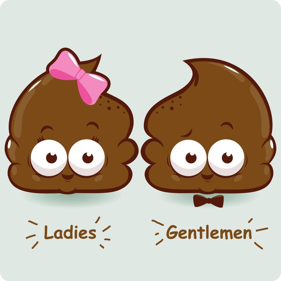 Cartoon shit characters. Male and female public toilet restroom signs with funny shit cartoon characters. vector
