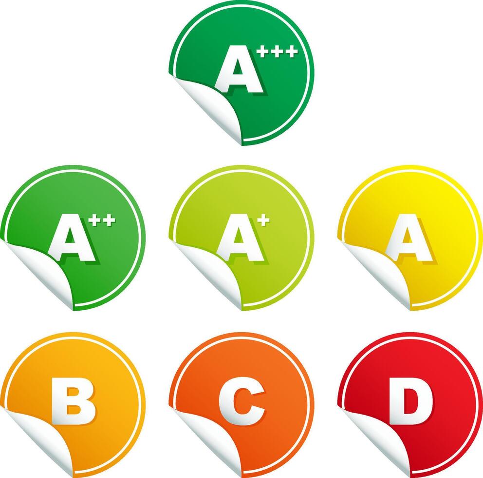 Collection of energy efficiency sticker icons. Energy rating class stickers set. vector