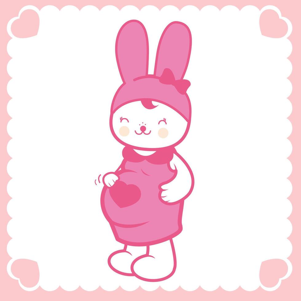 Cute pregnant bunny mom with big belly. Rabbit pregnant mother expecting a baby. vector