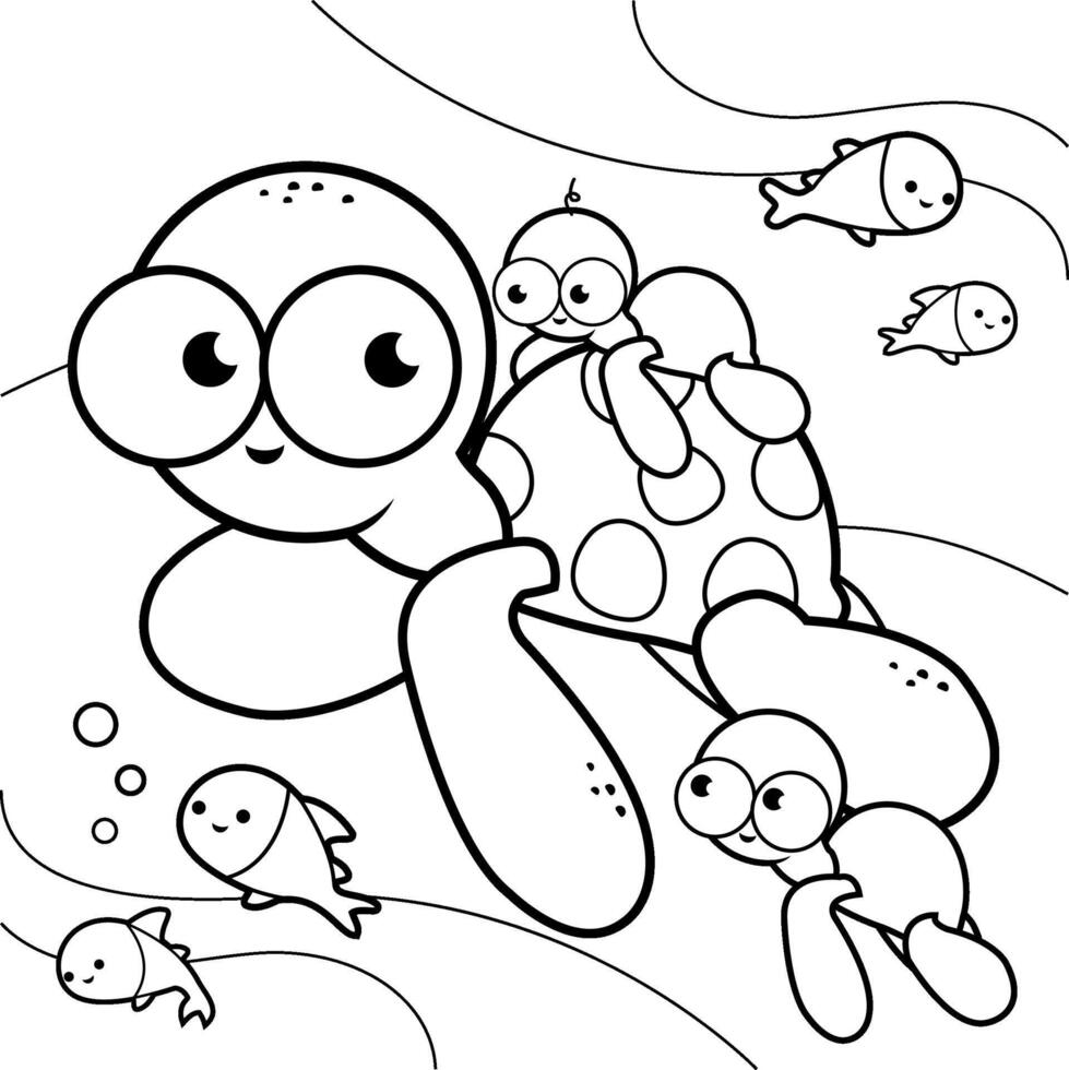 Cartoon sea animals underwater. Sea turtles swimming under the sea. Black and white coloring page. vector