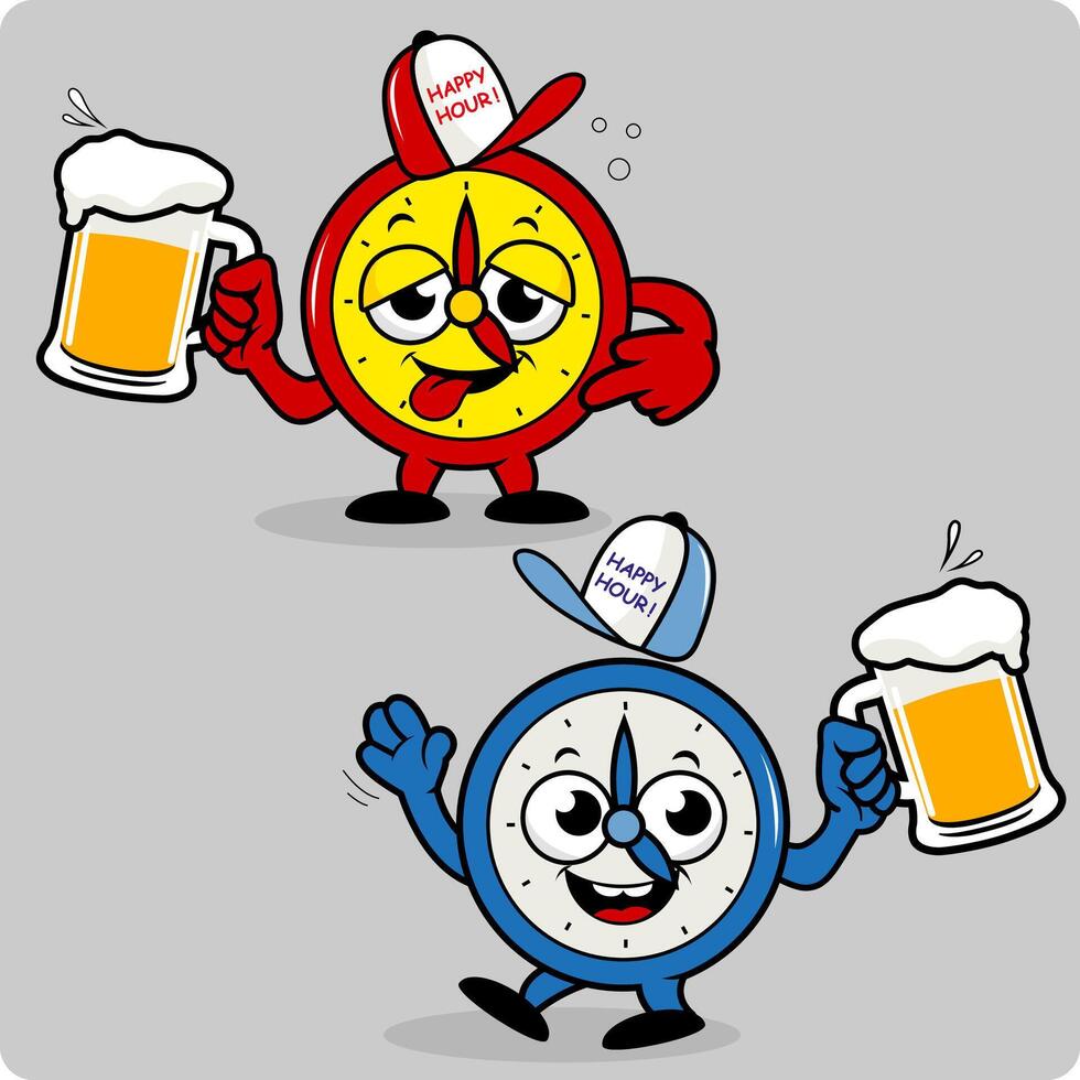 Drunk cartoon alarm clocks serving beer. Happy hour characters at the pub drinking beer alcohol. vector