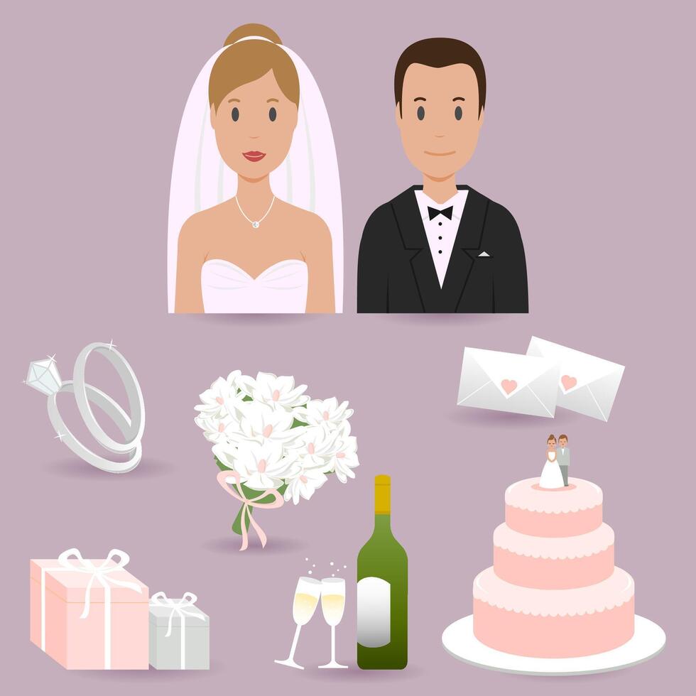 Boda ducha conjunto con novia y novio. conjunto de Boda recepción objetos ilustraciones con novia y acicalar, Boda pastel y champán. vector
