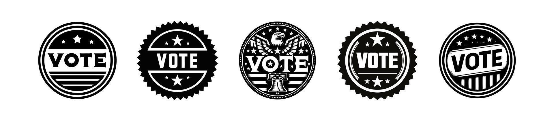 Set of Bold VOTE emblems in circular badge design. Graphic icons. Illustration on white backdrop. Concept of democracy, elections, politics. Design for badge, sticker, voting campaign, print vector