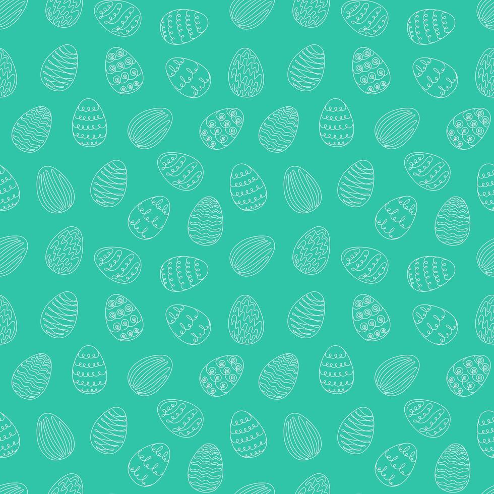 sin costura modelo de blanco Pascua de Resurrección huevos con dibujado a mano detalles. continuo uno línea dibujo. aislado en verde fondo. festivo diseño. para Pascua de Resurrección decoración, envase papel, saludo, textil, impresión vector