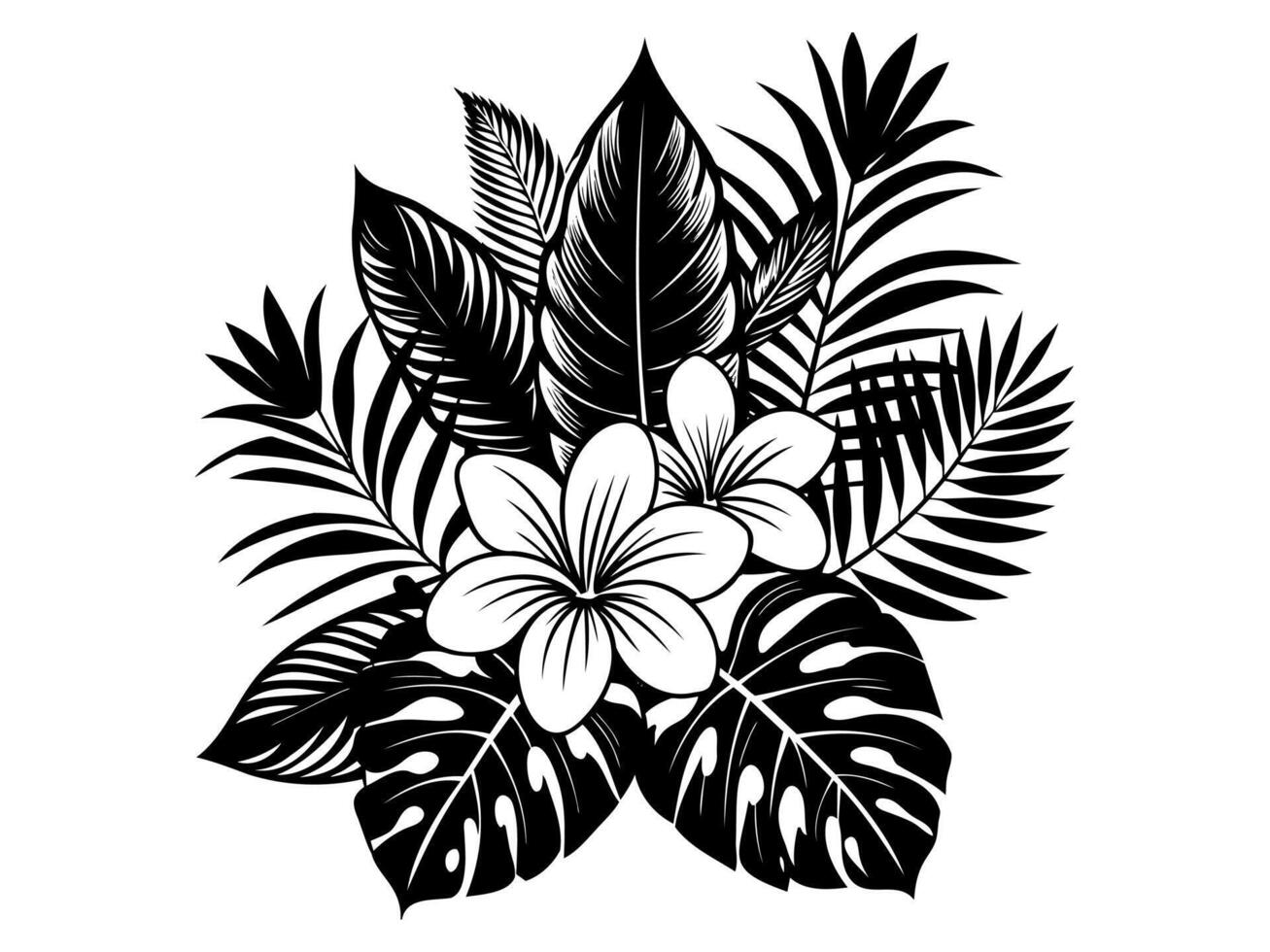 Tropical flowers and leaves. Black and white illustration. Monochrome exotic flora. Concept of tropical nature, botany, exotic plants, and summer vibes. Isolated on white backdrop vector