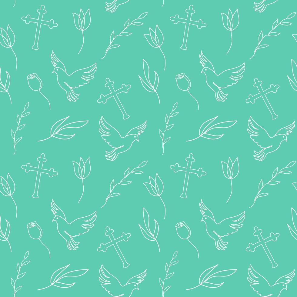 Seamless pattern with Christian symbols. Continuous one line drawing of crosses, doves, floral elements on green background. Concept of Easter, religious, peace. Wrapping paper, textile, print vector