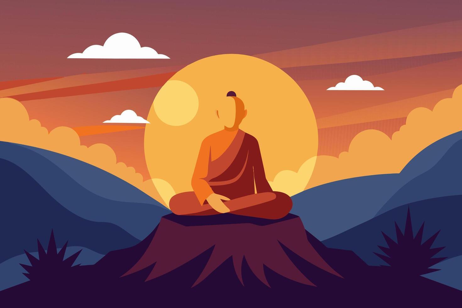 Buddhist monk meditating on mountain at sunrise. Spiritual contemplation with breathtaking landscape. Concept of Buddhism, prayer, zen, and spiritual enlightenment at dusk. Graphic art vector