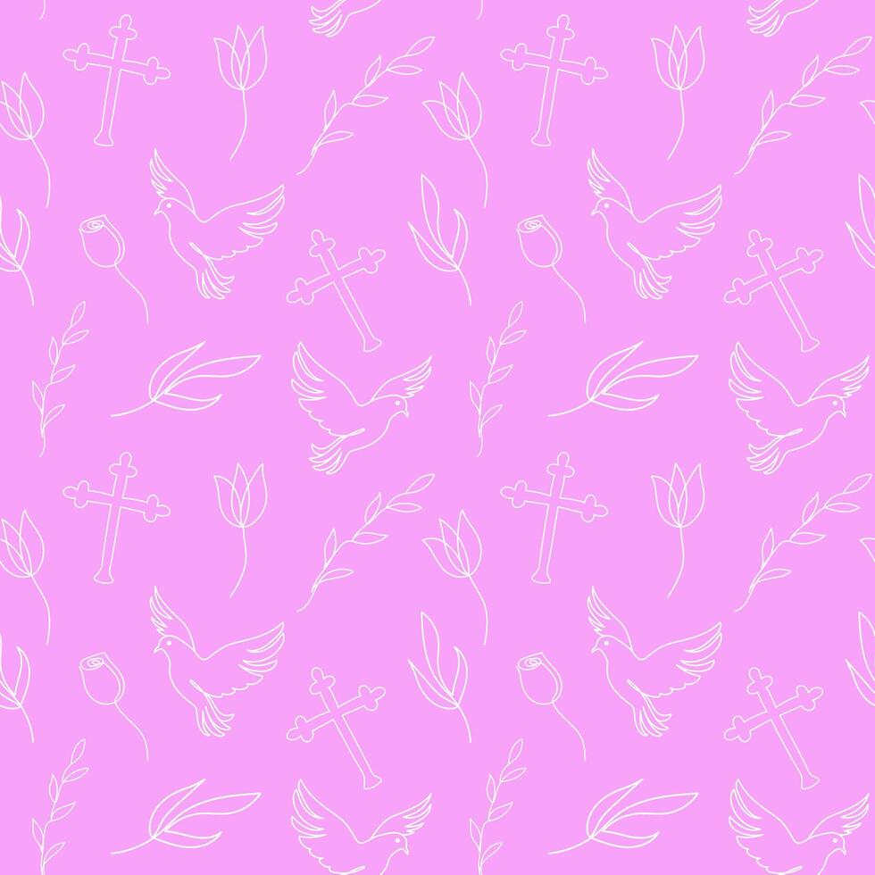 Seamless pattern with Christian symbols. Continuous one line drawing of crosses, doves, floral elements on pink background. Concept of Easter, religious, peace. Wrapping paper, textile, print vector