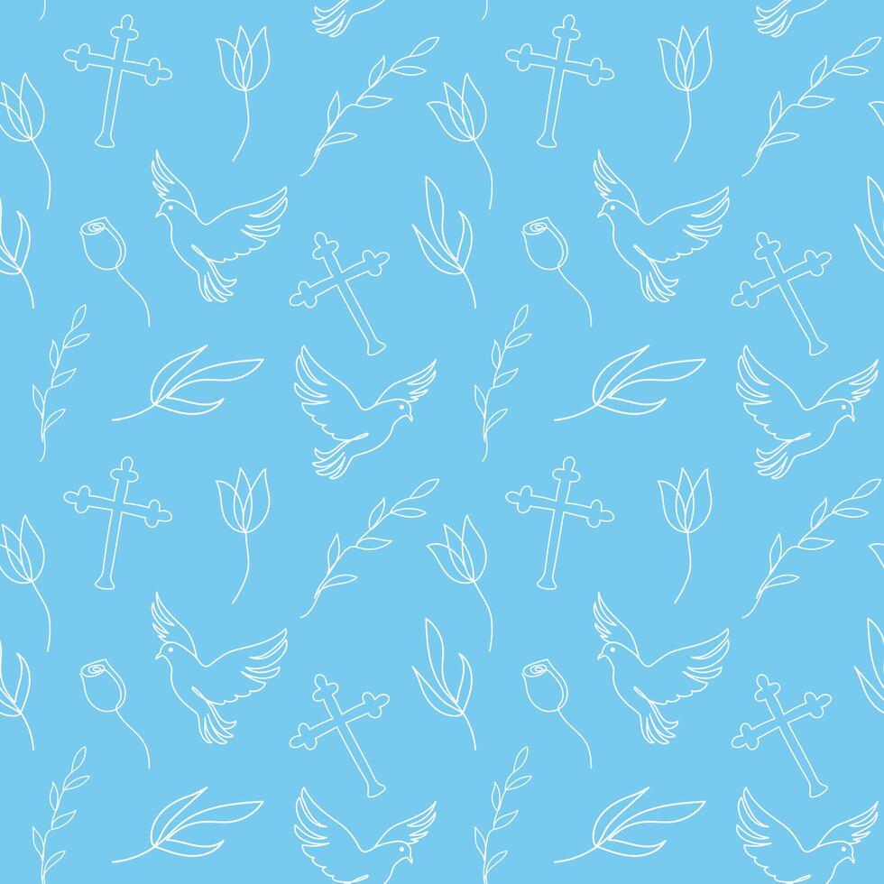 Seamless pattern with Christian symbols. Continuous one line drawing of crosses, doves, floral elements on blue background. Concept of Easter, religious, peace. Wrapping paper, textile, print vector