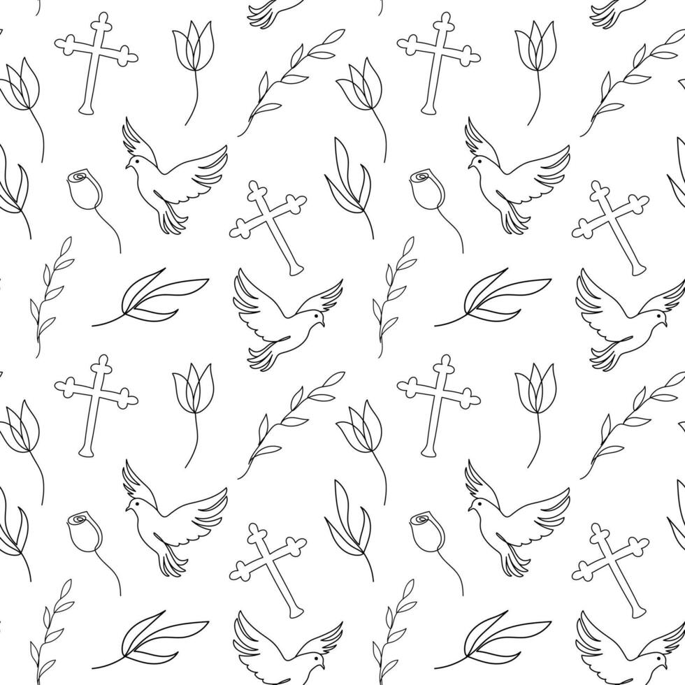 Seamless pattern with Christian symbols. Continuous one line drawing of crosses, doves, floral elements on white background. Concept of Easter, religious, peace. Blak and white vector