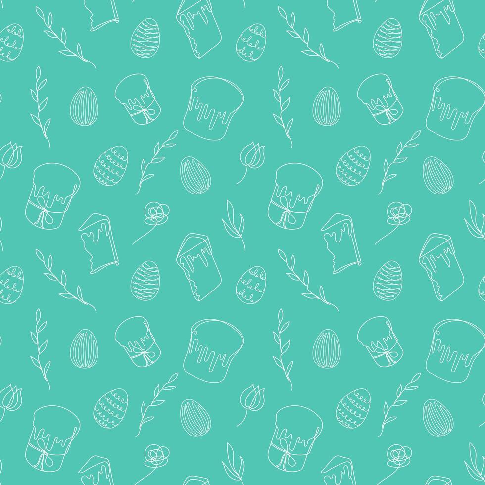 Seamless pattern of Easter eggs, Easter Kulich cakes and floral elements. Continuous one line drawing. Green backdrop. Festive design. Easter decoration, wrapping paper, greeting, textile, print vector