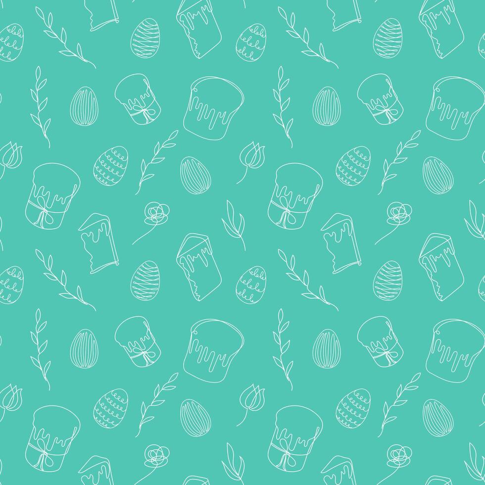 Seamless pattern of Easter eggs, Easter Kulich cakes and floral elements. Continuous one line drawing. Green backdrop. Festive design. Easter decoration, wrapping paper, greeting, textile, print vector