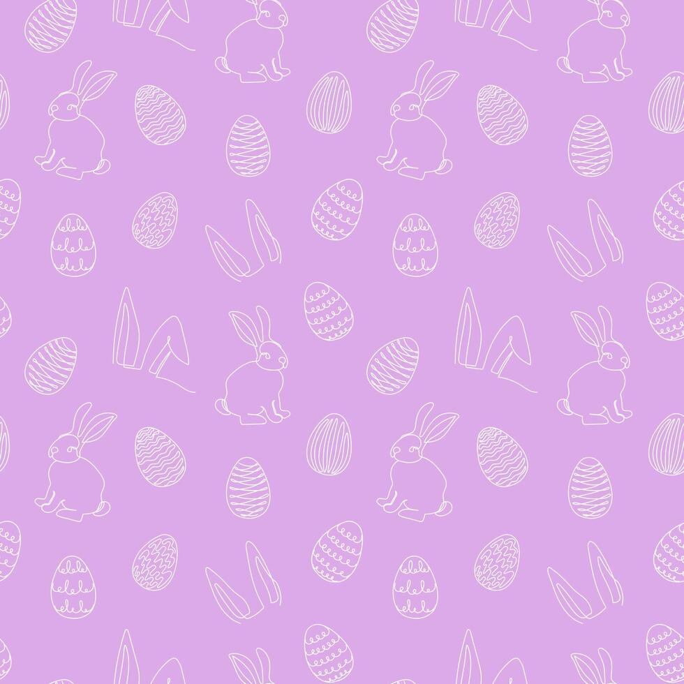 Seamless pattern of hand-drawn rabbits, ears, Easter eggs. Festive Easter bunnies design. Continuous line art. Isolated on pink backdrop. Easter decoration, wrapping paper, greeting, textile, print vector