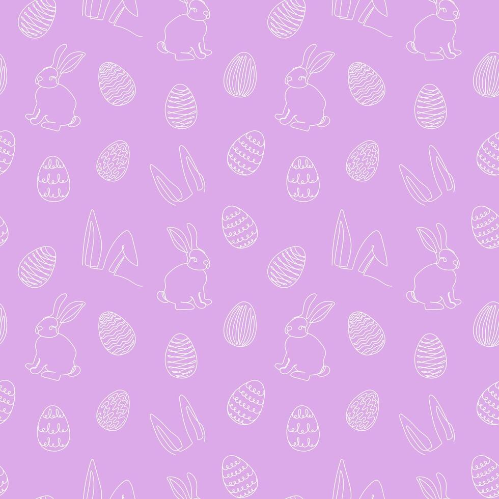 Seamless pattern of hand-drawn rabbits, ears, Easter eggs. Festive Easter bunnies design. Continuous line art. Isolated on pink backdrop. Easter decoration, wrapping paper, greeting, textile, print vector