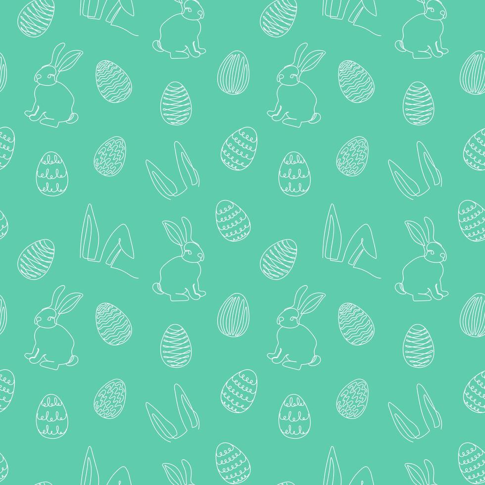Seamless pattern of hand-drawn rabbits, ears, Easter eggs. Festive Easter bunnies design. Continuous line art. Isolated on green backdrop. Easter decoration, wrapping paper, greeting, textile, print vector