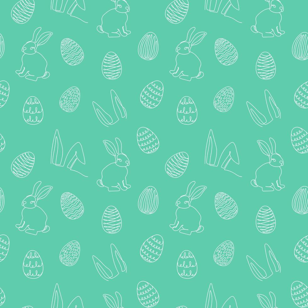 Seamless pattern of hand-drawn rabbits, ears, Easter eggs. Festive Easter bunnies design. Continuous line art. Isolated on green backdrop. Easter decoration, wrapping paper, greeting, textile, print vector