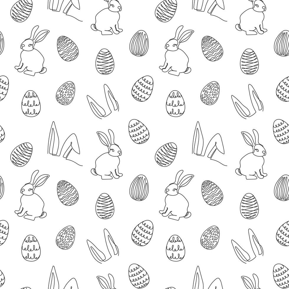 Seamless pattern of hand-drawn rabbits, ears, Easter eggs. Festive Easter bunnies design. Continuous line art. Isolated on white backdrop. Easter decoration, wrapping paper, greeting, textile, print vector