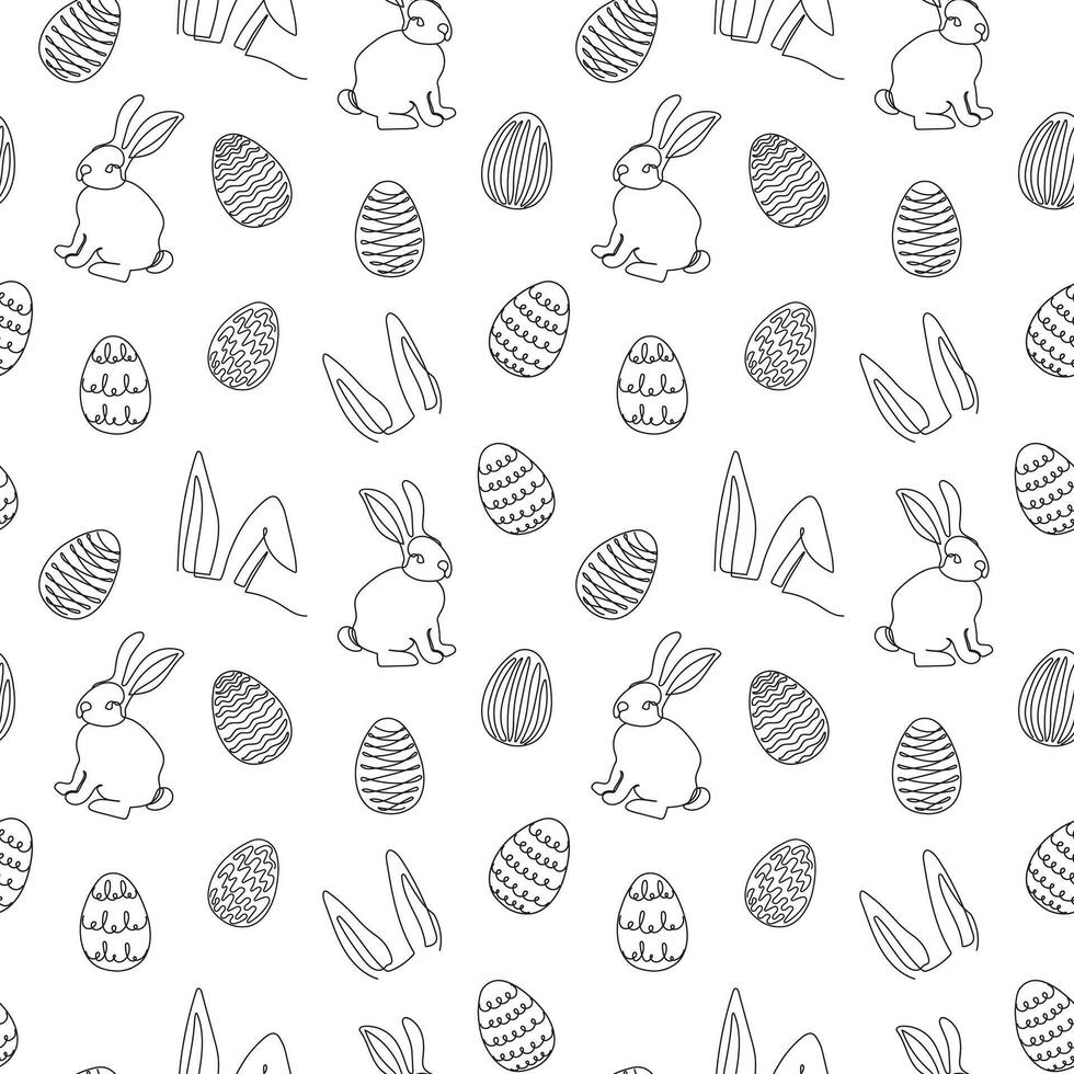 Seamless pattern of hand-drawn rabbits, ears, Easter eggs. Festive Easter bunnies design. Continuous line art. Isolated on white backdrop. Easter decoration, wrapping paper, greeting, textile, print vector