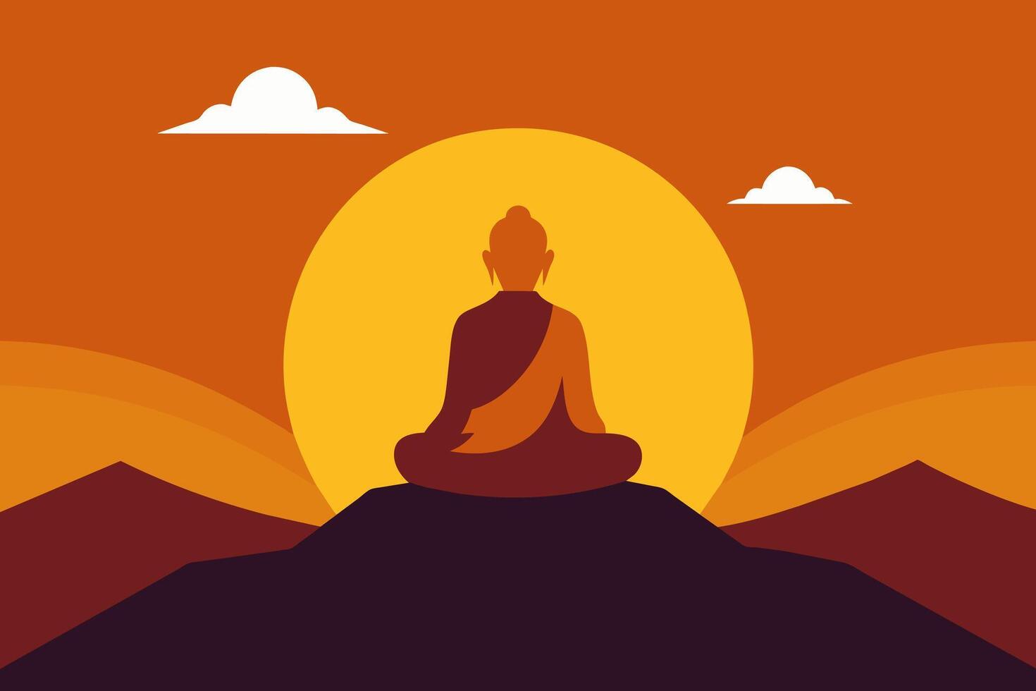 budista monje meditando en montaña a amanecer. espiritual contemplación con asombroso paisaje. concepto de budismo, oración, zen, y espiritual iluminación a oscuridad. minimalista gráfico Arte vector
