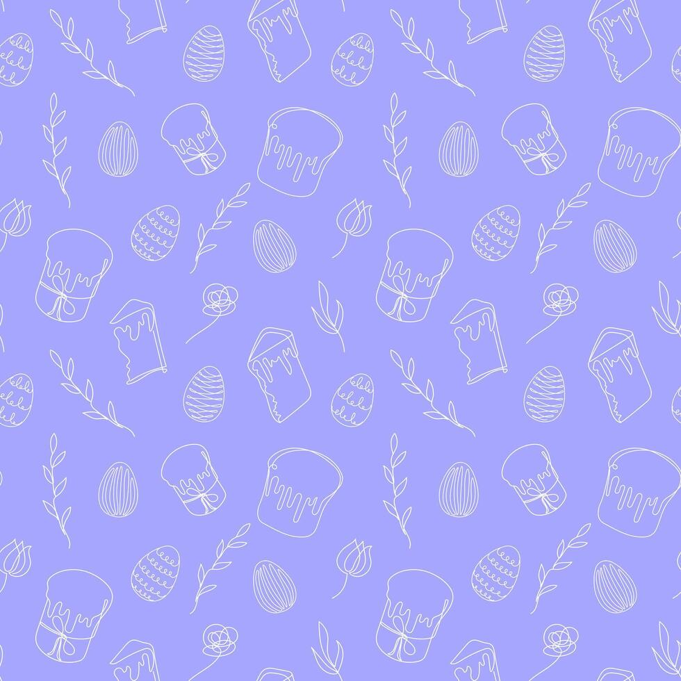 Seamless pattern of Easter eggs, Easter Kulich cakes and floral elements. Continuous one line drawing. Blue backdrop. Festive design. Easter decoration, wrapping paper, greeting, textile, print vector