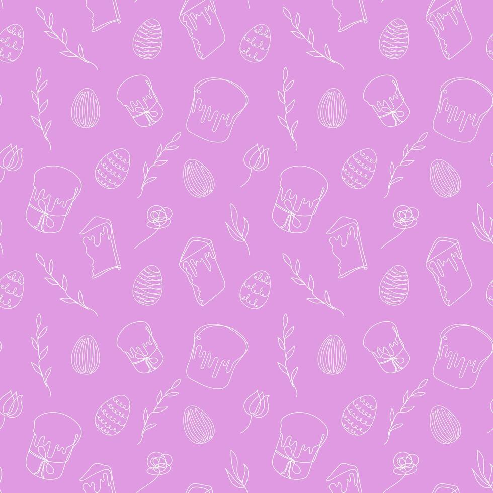 Seamless pattern of Easter eggs, Easter Kulich cakes and floral elements. Continuous one line drawing. Pink backdrop. Festive design. Easter decoration, wrapping paper, greeting, textile, print vector