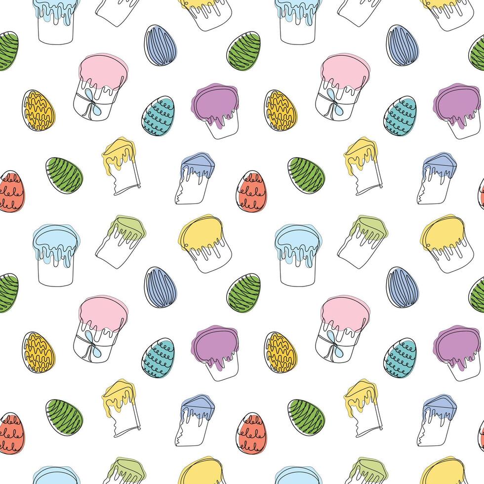 Seamless pattern of colorful Easter eggs with Easter Kulich cakes. Continuous one line drawing. Isolated on white backdrop. Festive design. Easter decoration, wrapping paper, greeting, textile, print vector