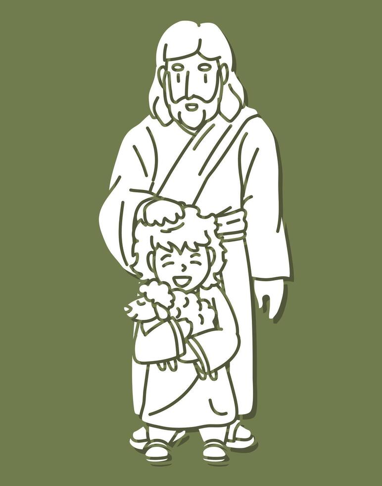 Jesus Places His Hands on His Head and Blesses the Shepherd Boy Holding a Lamb vector