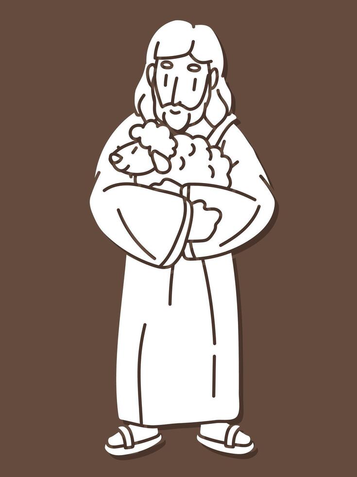 Jesús lleva un Cordero abrazado en un abrazo él es un bueno pastor dibujos animados vector