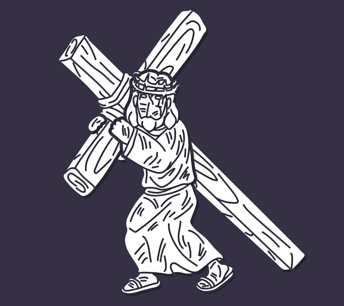 Jesus Carries the Cross with Crown of Thorns and Blood Cartoon Graphic vector