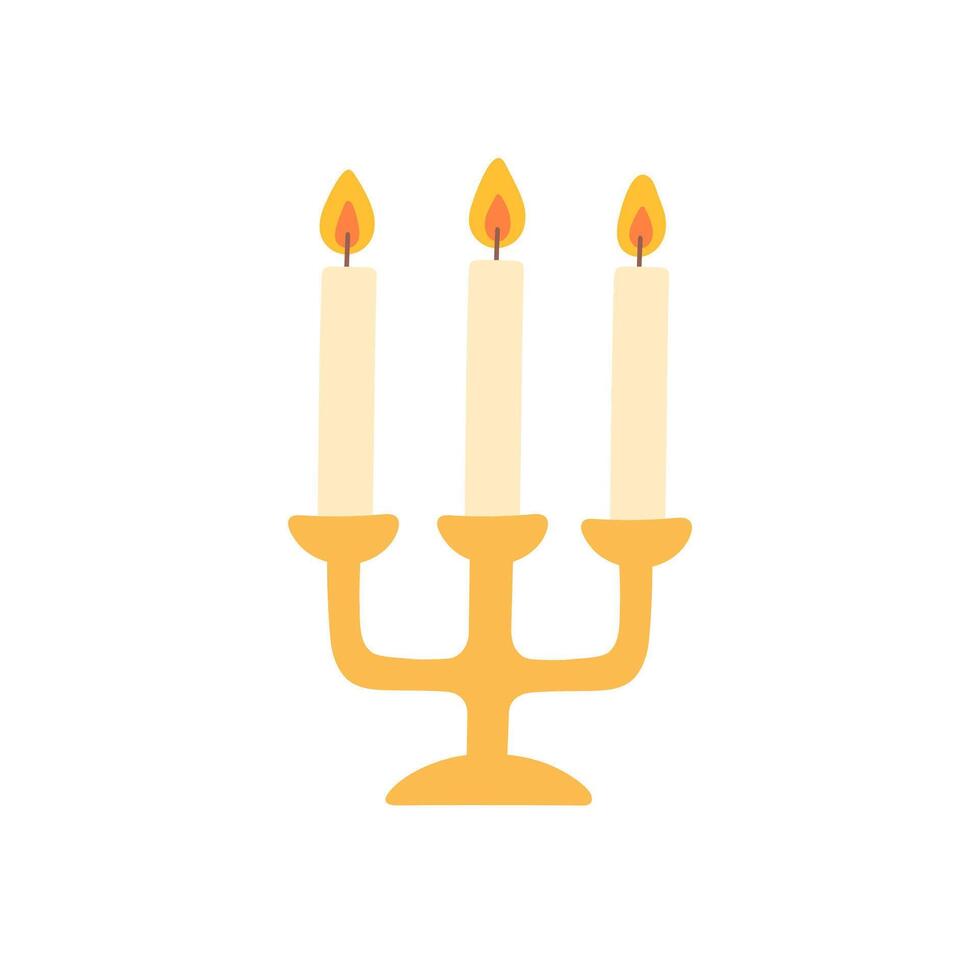 Burning candles in three-arm candlestick. Flat color illustration isolated on white background. vector