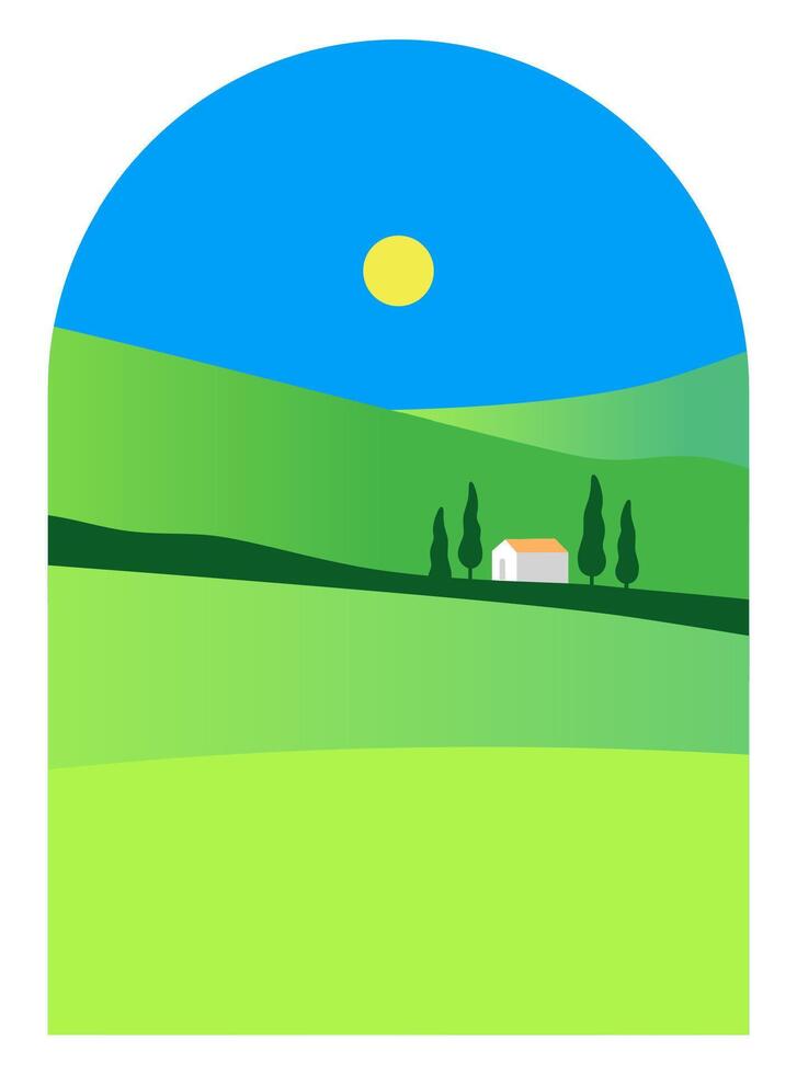 Country landscape trought arc window. Flat illustration of rustic landscape. vector