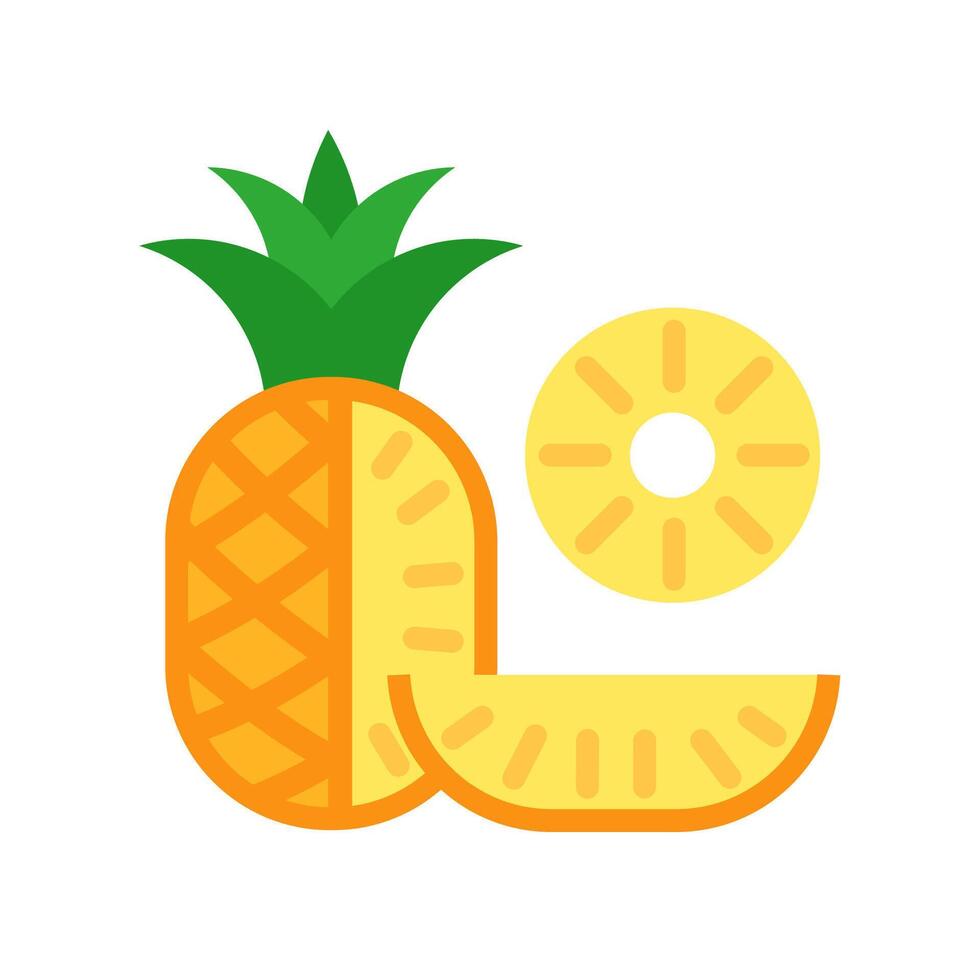 Pineapple with cuted quarter and round slice. Flat color icon isolated on white. vector
