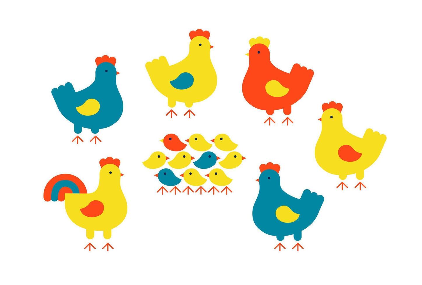 Group of chickens. Hens, rooster, baby chickens. Flat illustration isolated on white. vector