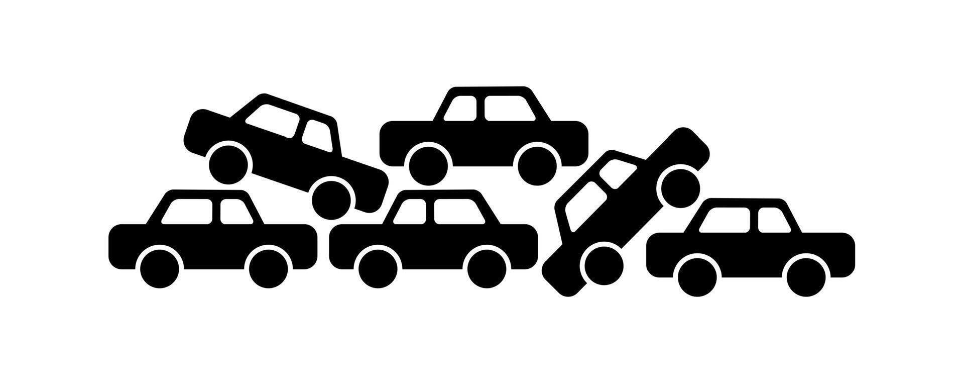 Bunch of cars. Traffic jam, crowded parking or car graveyard black illustration isolated on white background. vector