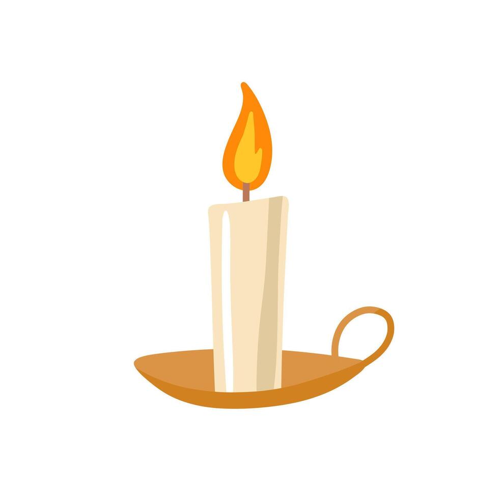 White burning candle in a metal brass holder with a finger loop. Flat illustration isolated on white. vector