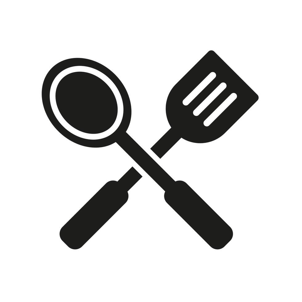 negro y blanco espátula y sopa cucharón cruzar icono. cocina herramientas, cocinando. negro icono aislado en blanco. vector