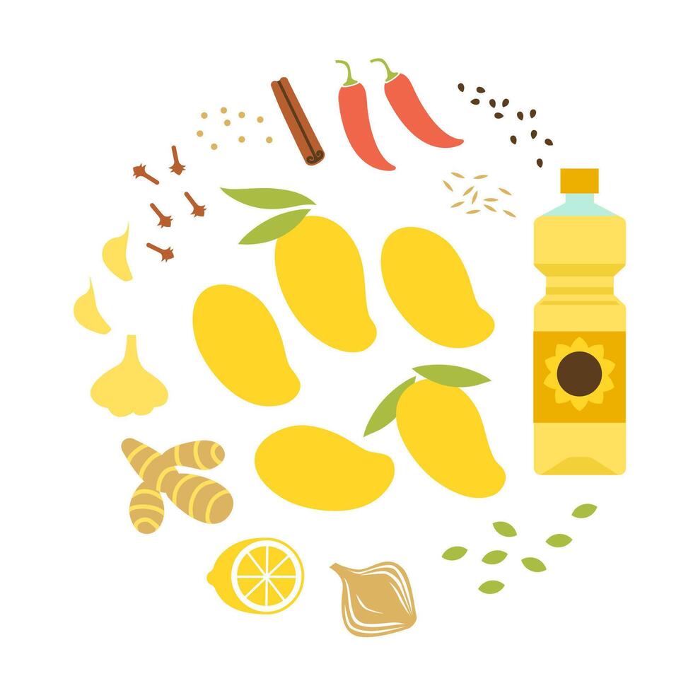 Fresh ingredients for mango spicy chutney. Mango sauce making. Round flat illustration isolated on white. vector