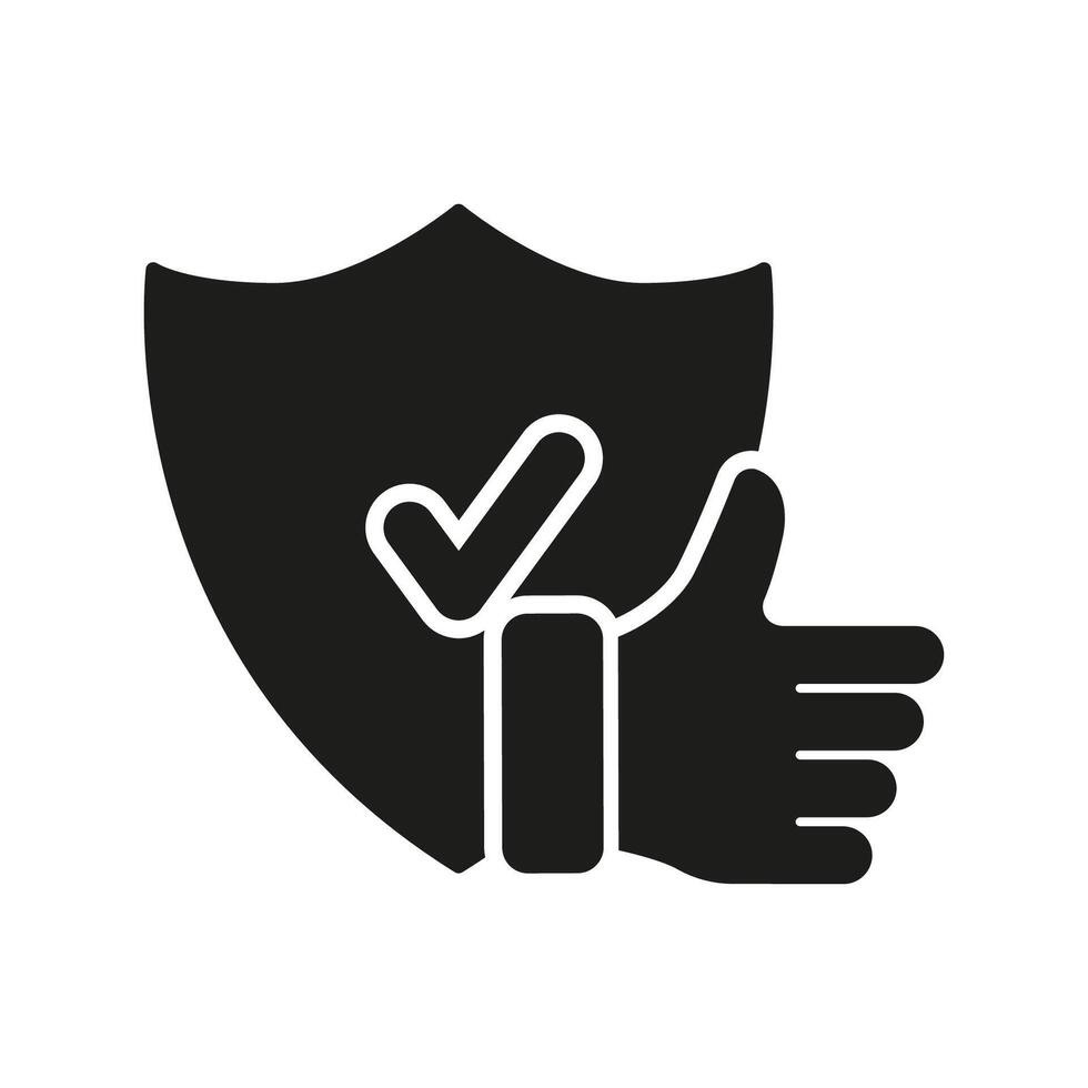 Safety And Protection Silhouette Icon. Thumb Up And Shield Glyph Pictogram. Safe Service Solid Sign. Approved Security Symbol. Good Choice. Isolated Illustration vector