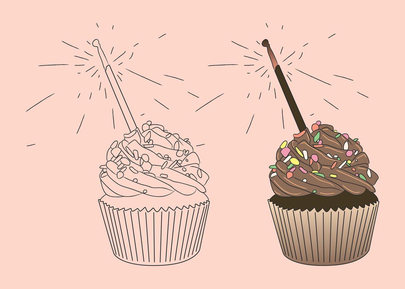 Birthday cupcake with birthday bengal fire and confectionery sprinkles. isolated image of a sweet dessert vector