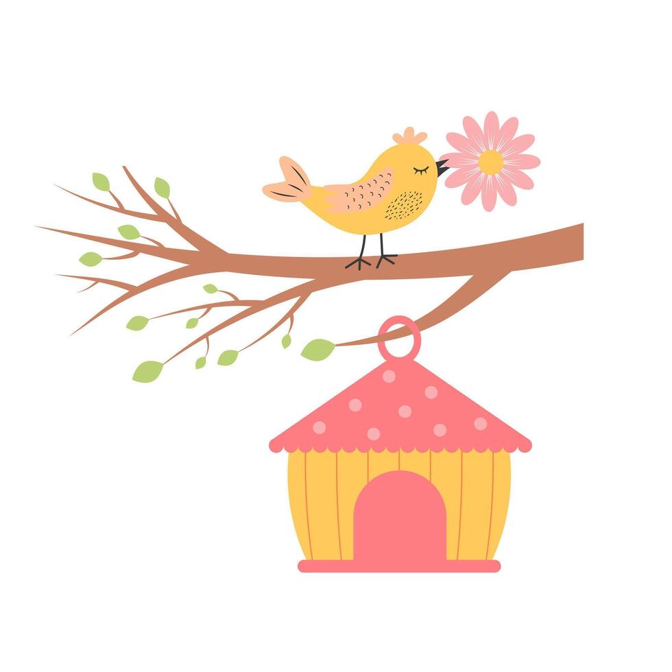 Cute bird with flower sitting on branch and birdhouse hanging. Springtime concept. vector