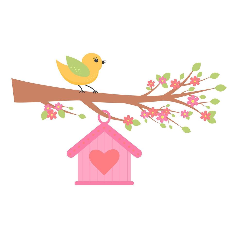 Cute bird siiting on the flower blooming branch and birdhouse hanging. Springtime concept. vector