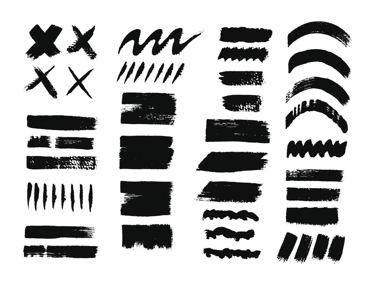 Black grunge paint brush strokes design set. Abstract lines and color block element template bundle. For painting illustration. vector